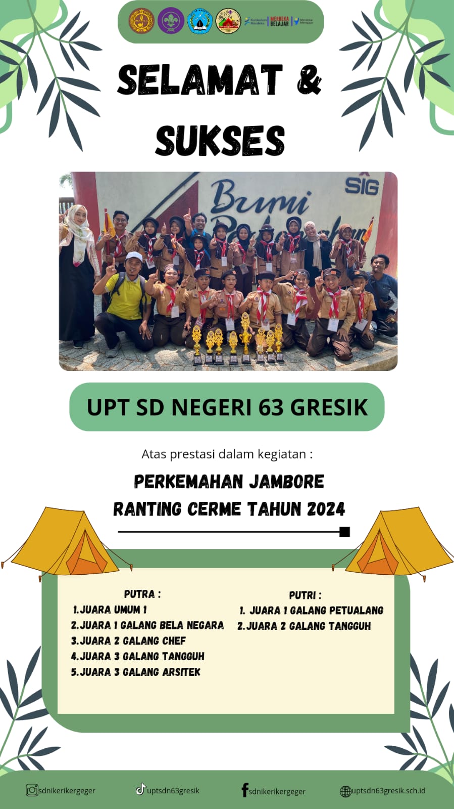 Pada tanggal 11-13 Oktober di Bumi Perkemahan Semen Gresik, berhasil meraih juara dalam berbagai perlombaan jambore, membuktikan komitmen dan keahlian tim dalam menghadapi tantangan yang diberikan oleh penyelenggara kegiatan Kwaran Cerme.